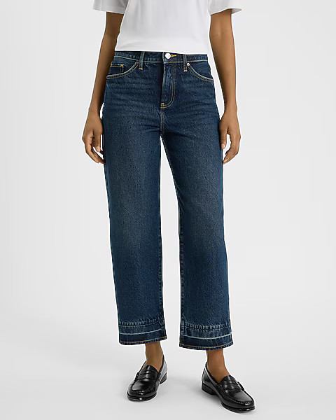 High Waisted Dark Wash 50/50 Rigid Stretch Relaxed Straight Ankle Jeans | Express