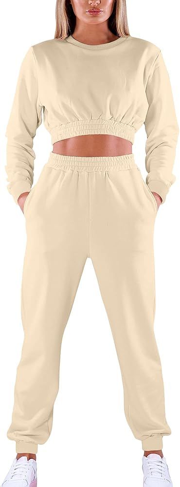 Mokoru Women's Workout 2 Piece Outfits Tracksuit Long Sleeve Crop Tops Joggers Pants Sets Sweatsu... | Amazon (US)