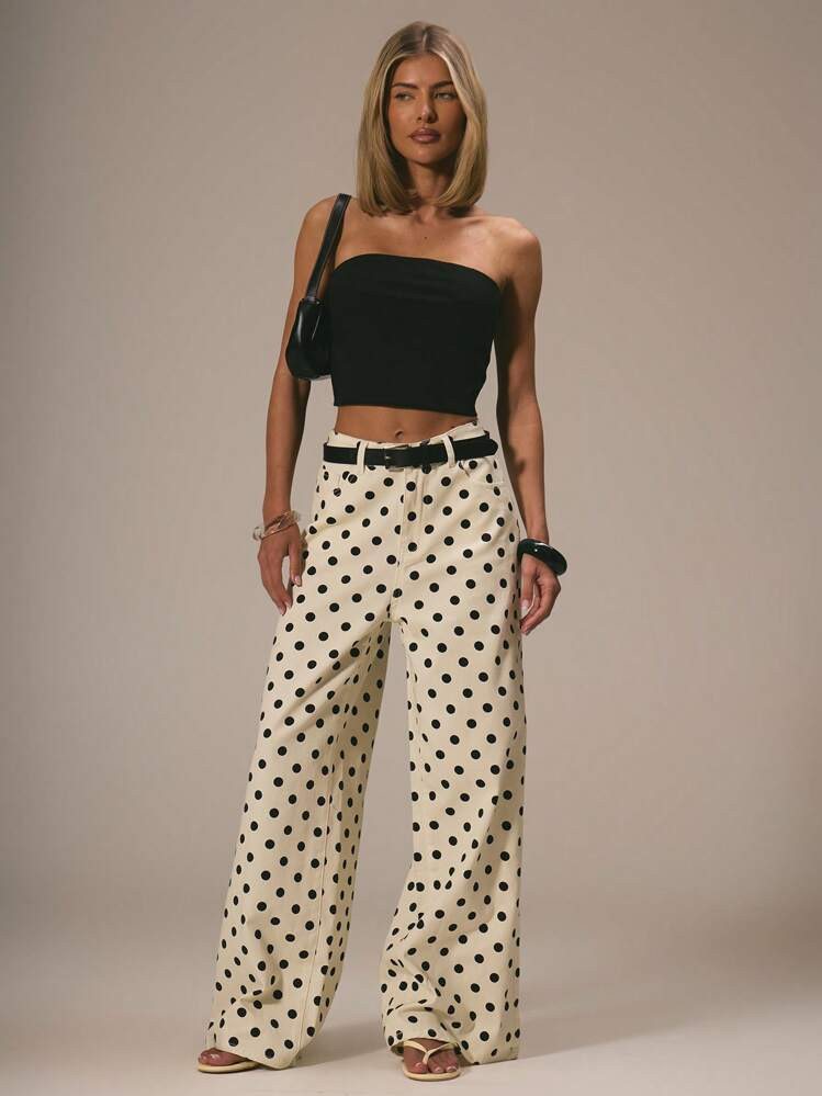 Polka Dot Cute Polka Dot Spring Summer Dainty Denim Straight Leg Mid Rise Jeans Ibiza Holiday Casual | SHEIN