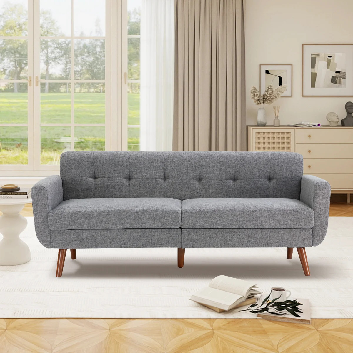 Delanie Cattaleya 78" Mid Century Modern Square Arms Linen Upholstered Sofa | Wayfair North America