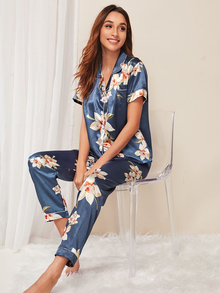 Floral Print Satin Pajama Set | SHEIN