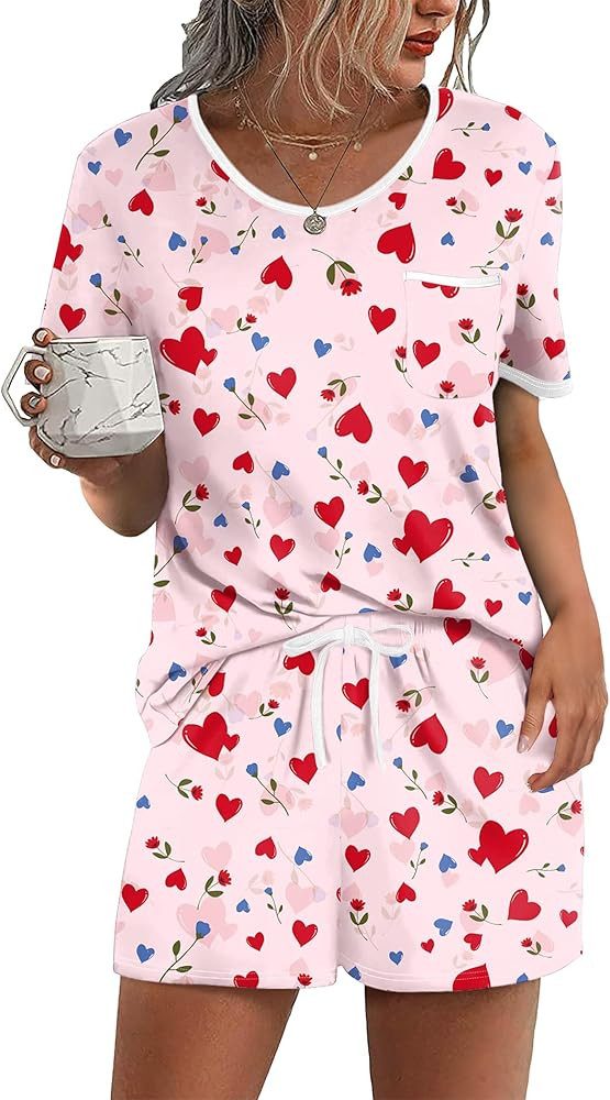 Ekouaer Pajama Set for Women 2 Piece Lounge Set Short Sleeve Tops and Shorts Soft Sleepwear, Ches... | Amazon (US)