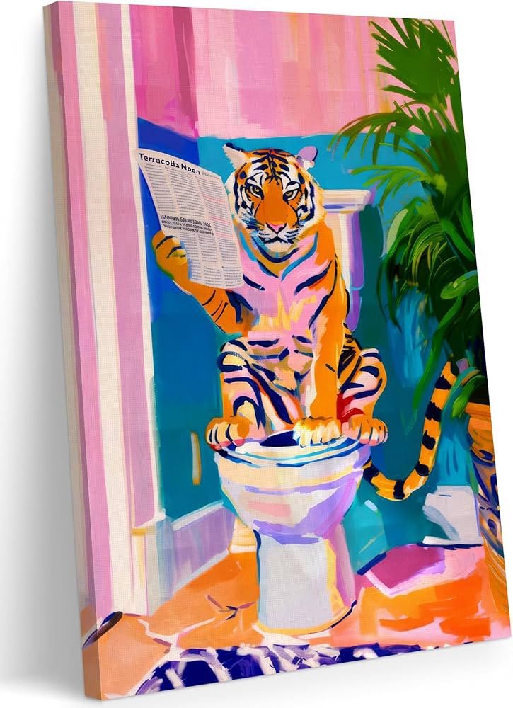 FWAHREN Tiger on Toilet Funny Bathroom Wall Art, Eclectic Cute Animal Painting Canvas Prints Artw... | Amazon (US)