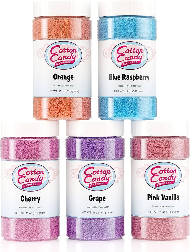 Cotton Candy Express Floss Sugar Variety Pack with 5 - 11oz Plastic Jars of Orange, Blue Raspberr... | Amazon (US)