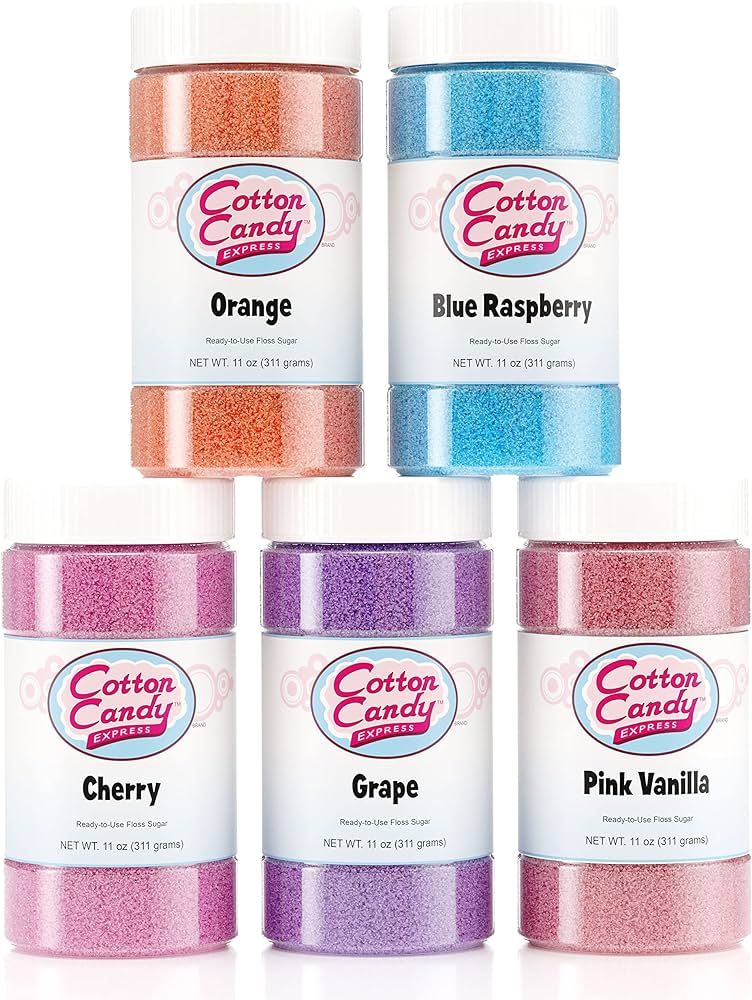 Cotton Candy Express Floss Sugar Variety Pack with 5 - 11oz Plastic Jars of Orange, Blue Raspberr... | Amazon (US)