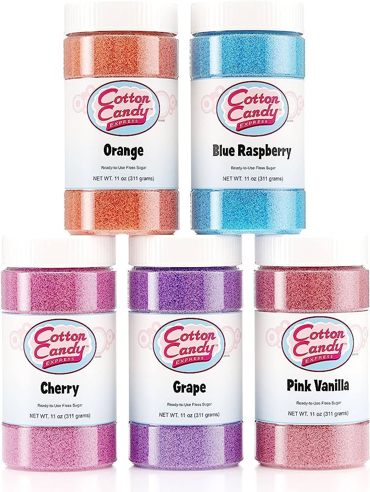 Cotton Candy Express Floss Sugar Variety Pack with 5 - 11oz Plastic Jars of Orange, Blue Raspberr... | Amazon (US)