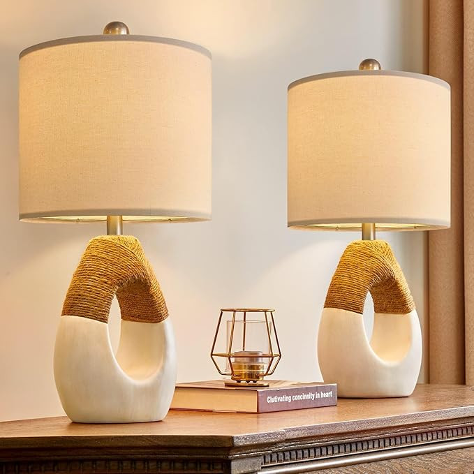 OYEARS 19'' Small Boho Table Lamps for Bedroom Set of 2, Farmhouse Rattan Bedroom Lamps for Livin... | Amazon (US)