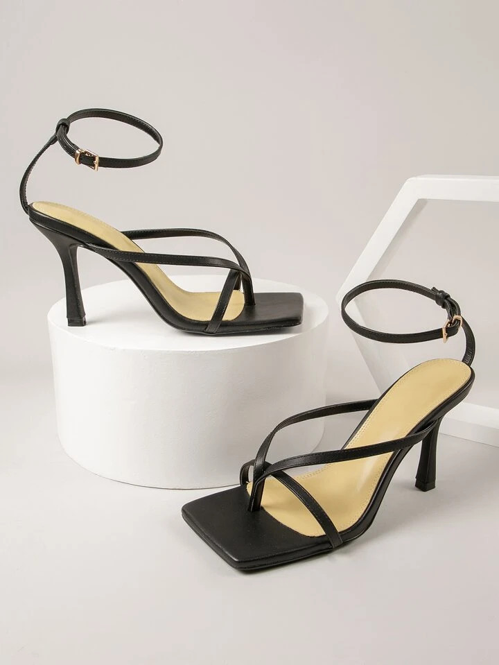 Faux Leather Open-Toe Crisscross Strappy Heels | SHEIN