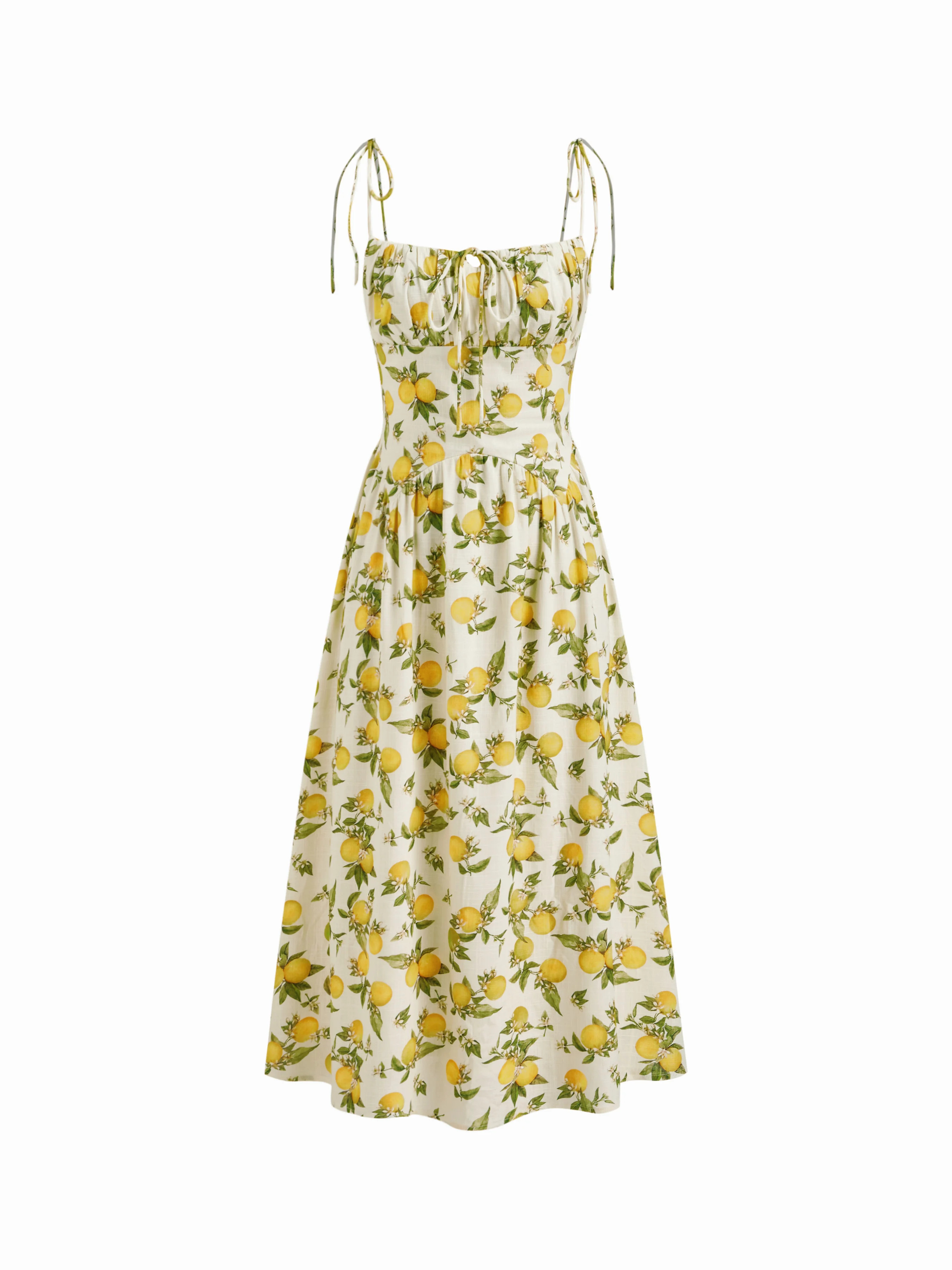 Woven Linen-blend Square Neck Lemon Ruched Shirred Cami Midi Dress For Vacation | Cider