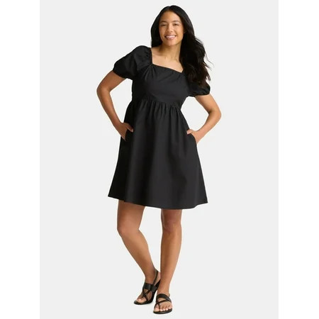 Time and Tru Women's Cotton Tie Back Mini Dress with Puff Sleeves, Sizes XS-XXXL | Walmart (US)