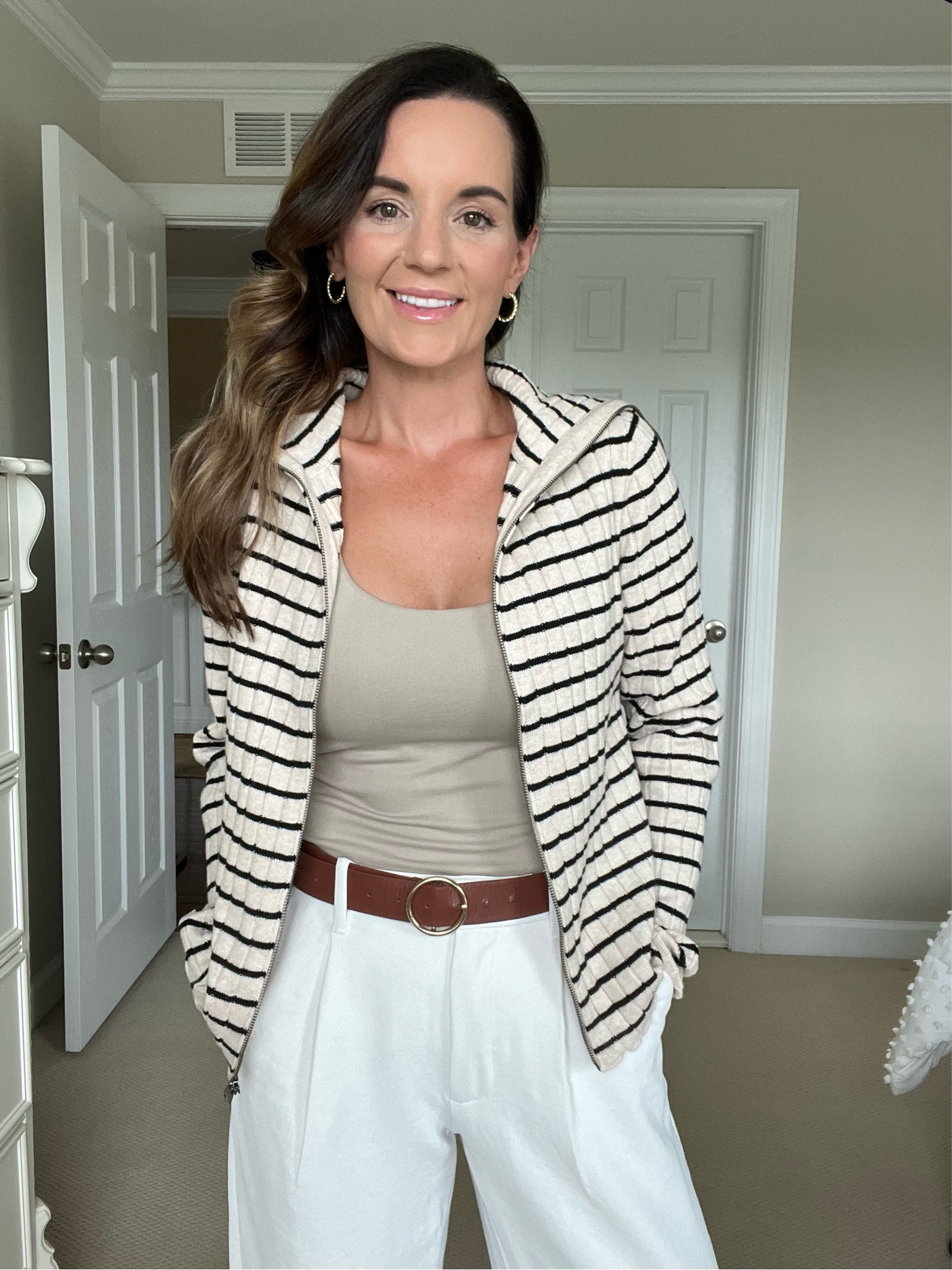 Target double way zipper cardigan size medium and neutral seamless tank size small 

Pants are Abercrombie size 26Short I’m 5’3

#LTKFindsUnder100 #LTKWorkwear #LTKFindsUnder50