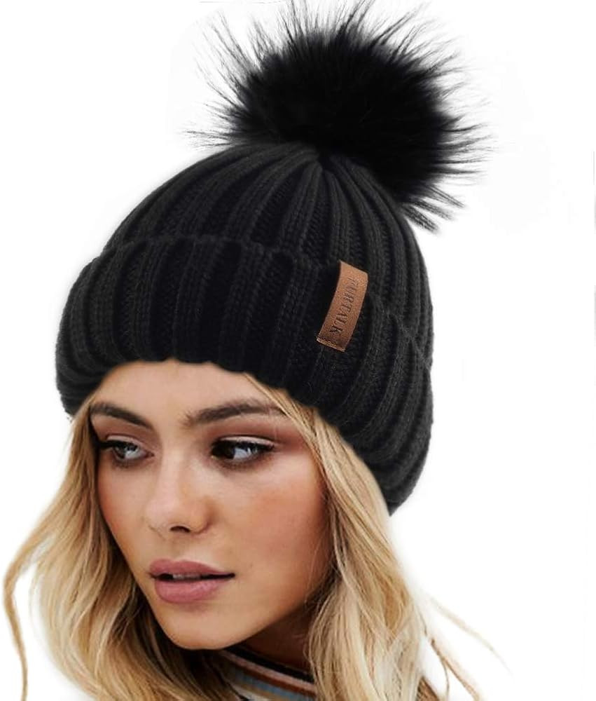 Womens Winter Knitted Beanie Hat with Faux Fur Pom Warm Knit Skull Cap Beanie for Women | Amazon (US)