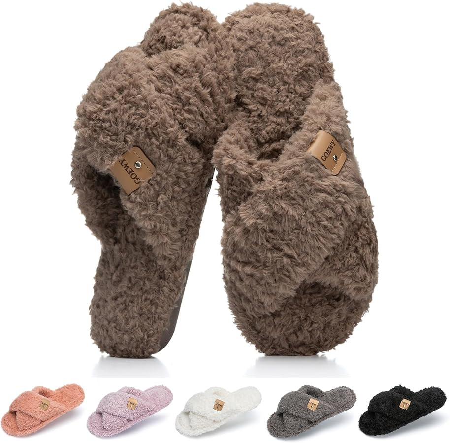 Fuzzy Open Toe Slippers for Women Indoor and Outdoor with Memory Foam Cozy Cross Band Women's Sli... | Amazon (US)