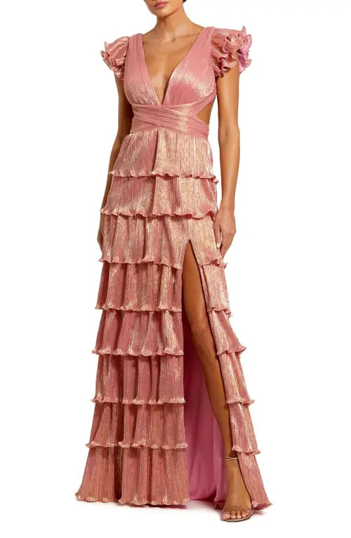 Ieena for Mac Duggal Cutout Ruffle Tiered Gown in Coral at Nordstrom, Size 12 | Nordstrom