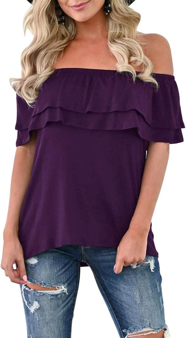 KEEDONE Women's Casual Off Shoulder Ruffle Tops Short Sleeve T Shirts Loose Summer Blouses Shirt | Amazon (US)