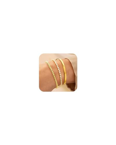 Gold Bracelets for Women Gold Bangle Cuff Bracelets for Women Gold Beaded Bracelet 18k Gold Plated Cubic Zirconia Tennis Bracelet Stack Jewelry Set for Women | Amazon (US)