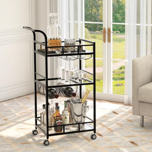 Alihdrna Black Bar Cart, Serving Cart with Wheels and Handle, Small Bar Carts with Wine Rack and Glass Holder, Modern Glass Beverage Cart, Mini Cart for Small Spaces, Kitchen, Dining Room | Amazon (US)