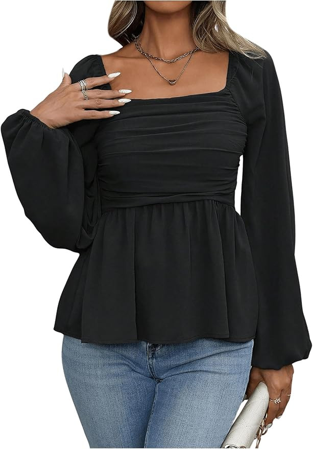 Floerns Women's Bishop Long Sleeve Ruched Square Neck Ruffle Hem Peplum Blouse Top | Amazon (US)