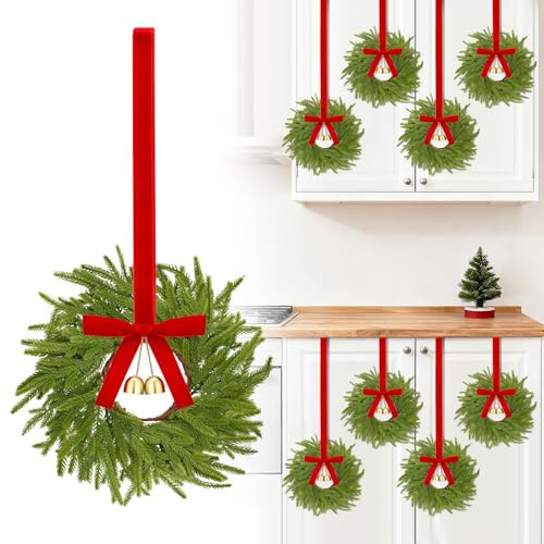 8pcs 14in Christmas Mini Wreaths for Cabinets- Small Christmas Wreaths for Kitchen Cabinets Decor with Bell & Velvet Bow, Artificial Farmhouse Hanging Xmas Wreath for Fireplace Doors Chair Windows | Amazon (US)