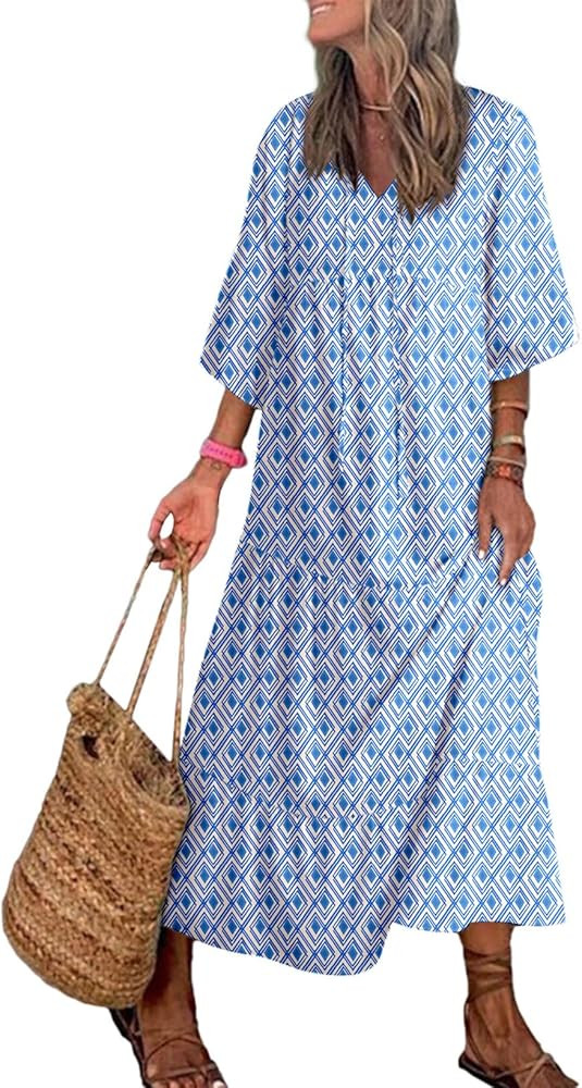 Dokotoo Women Boho Maxi Dresses 2024 V Neck Long Puff Sleeve Smocked Ruffle Flowy Casual Dress | Amazon (US)