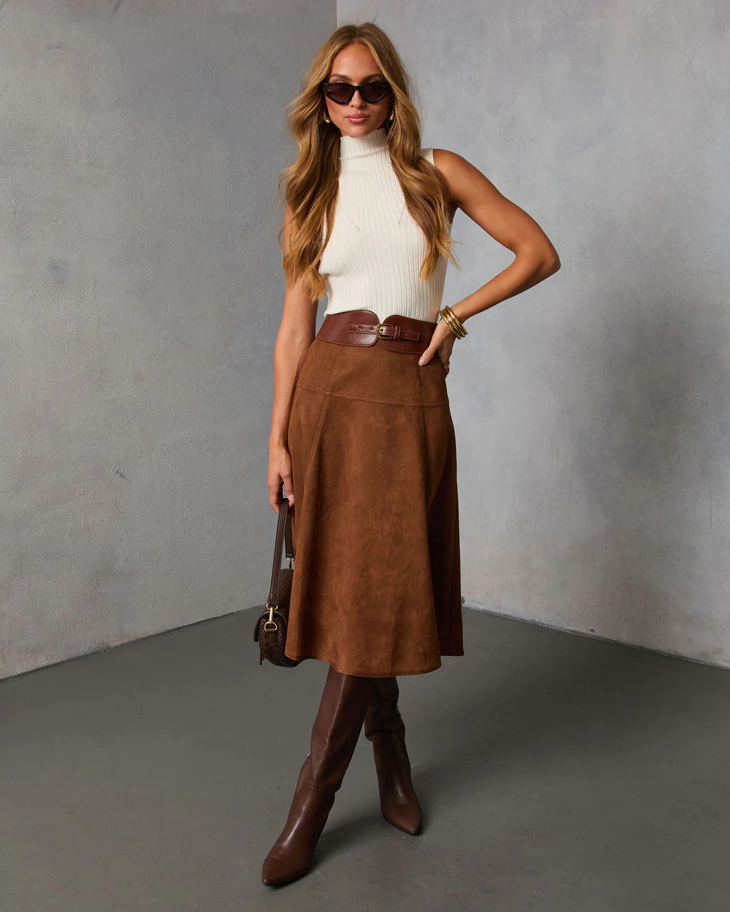 Burnt Maple Belted Suede Midi Skirt | VICI
