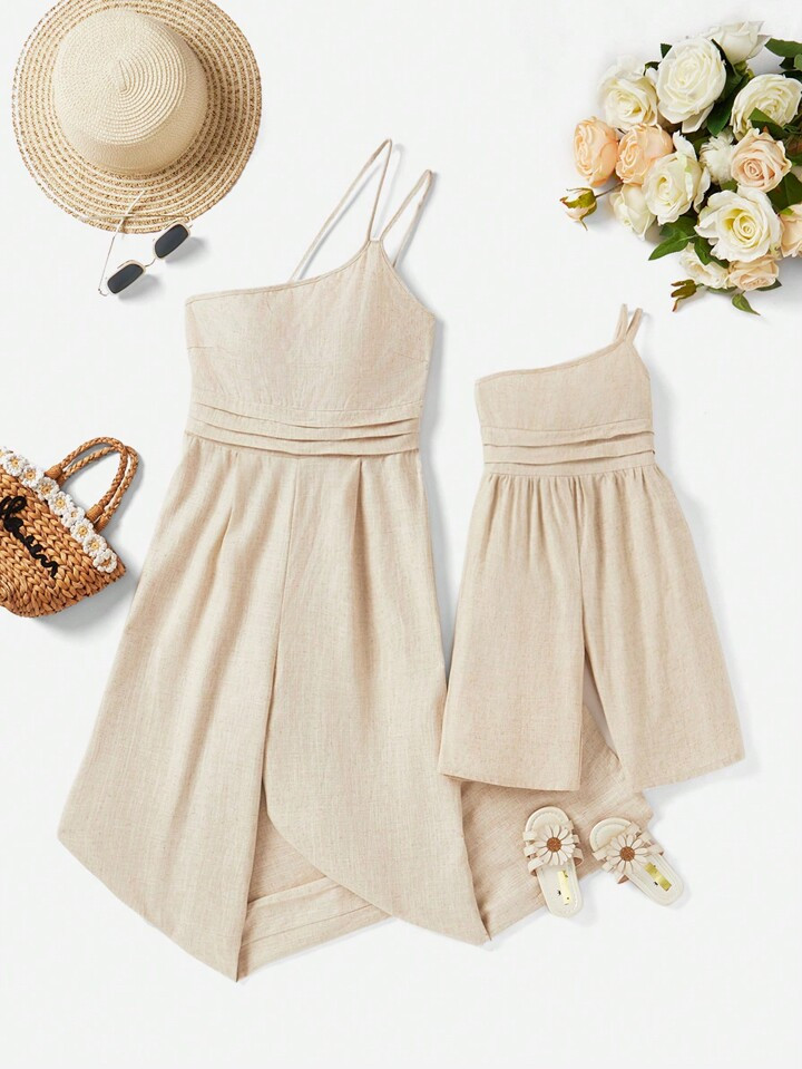 SHEIN Baby Girls' Simple Solid Color Shirred One-Shoulder Jumpsuit For Summer Vacation | SHEIN