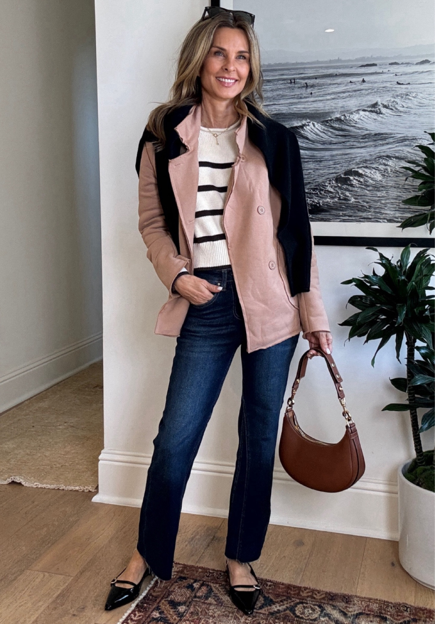 -Amazon look for less jacket that is really good! I sized up to a medium.  Color Dark Khaki   It will have shrinkage if you dry in dryer, size up more to allow for that, or dry on low. 
-Dark jeans with cute details. TTS, these are comfortable with stretch. 
-Gap striped roll neck sweater
-patent flats 

#LTKOver40 #LTKWorkwear #LTKStyleTip