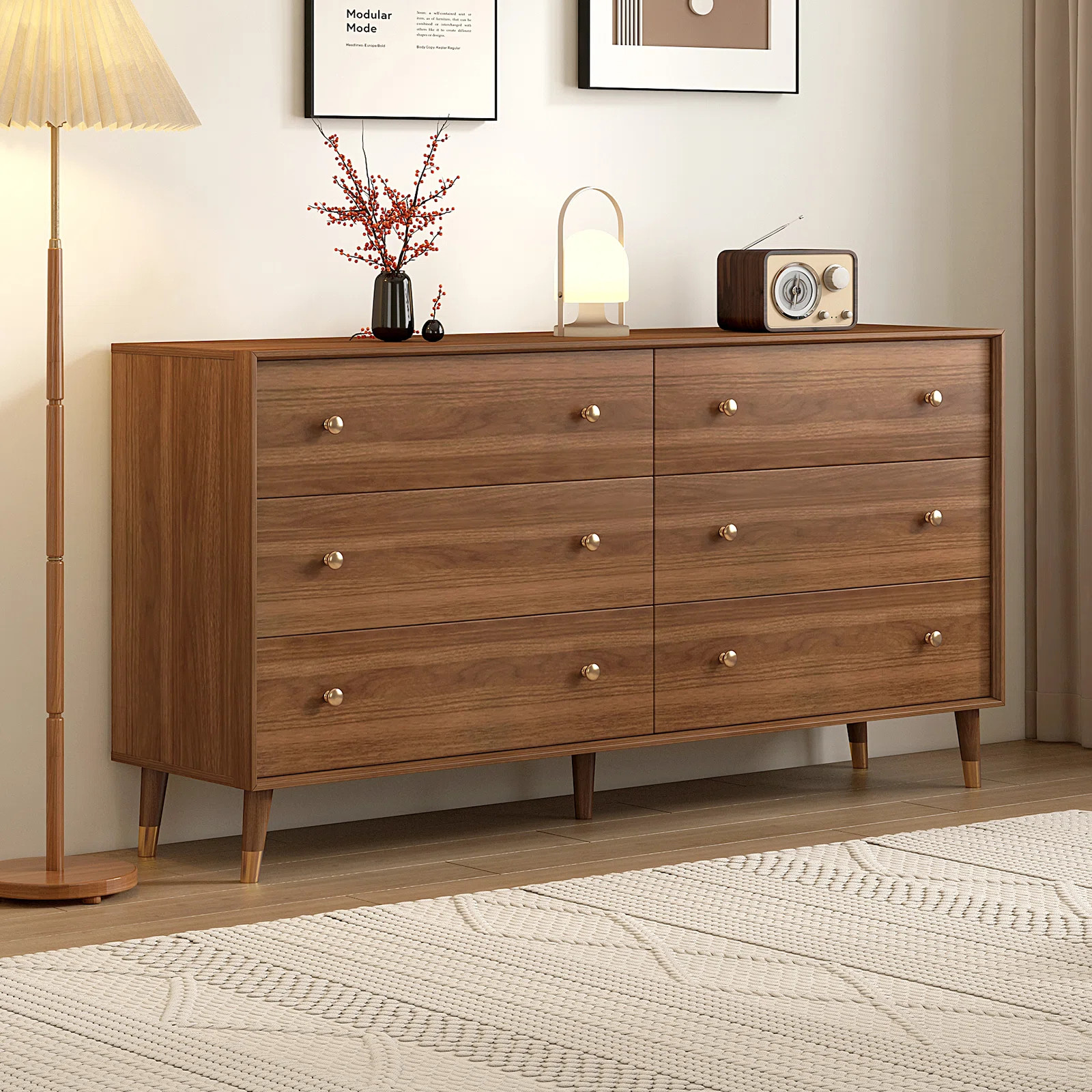 6 Drawer Dresser For Bedroom, 55 Inch Dresser for Closet with Walnut Frame, Modern Solid Wood Che... | Wayfair North America