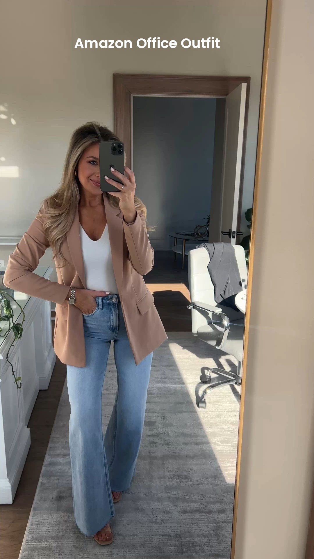 Obsessing over this cute business casual outfit for the office! It’s all from AMAZON! This camel blazer with jeans  is a perfect Friday outfit haha. 

Wearing XXS in blazer and 0 in jeans. Love both pieces!! 

#LTKWorkwear #LTKFindsUnder50