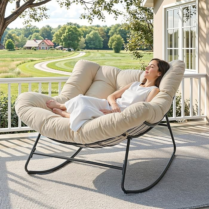 Outdoor Papasan Rocking Chair, 450 lbs Oversized Comfy Patio Chair with Thickened Cushion, Indoor... | Amazon (US)