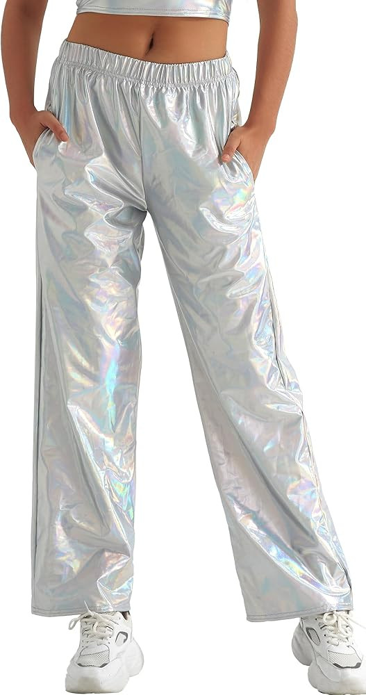 FEOYA Women's Shiny Metallic Rave Pants Elastic High Waist Wide Leg Trousers Hip Hop Disco Jogger... | Amazon (CA)