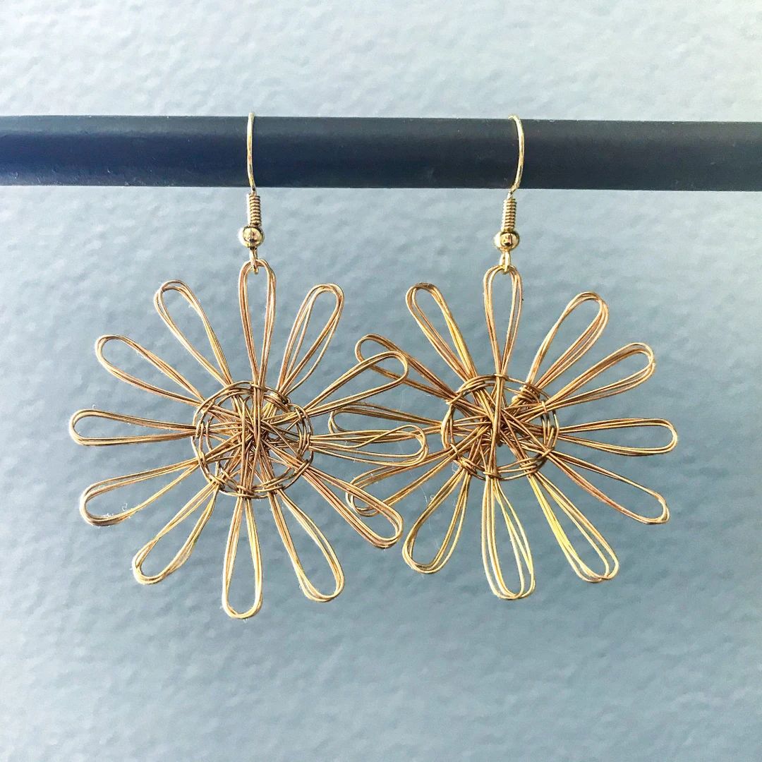 Gold Copper & Pink Wire Flower Earrings Wire Earrings Wire Jewelry Flower Earring Statement Jewel... | Etsy (US)