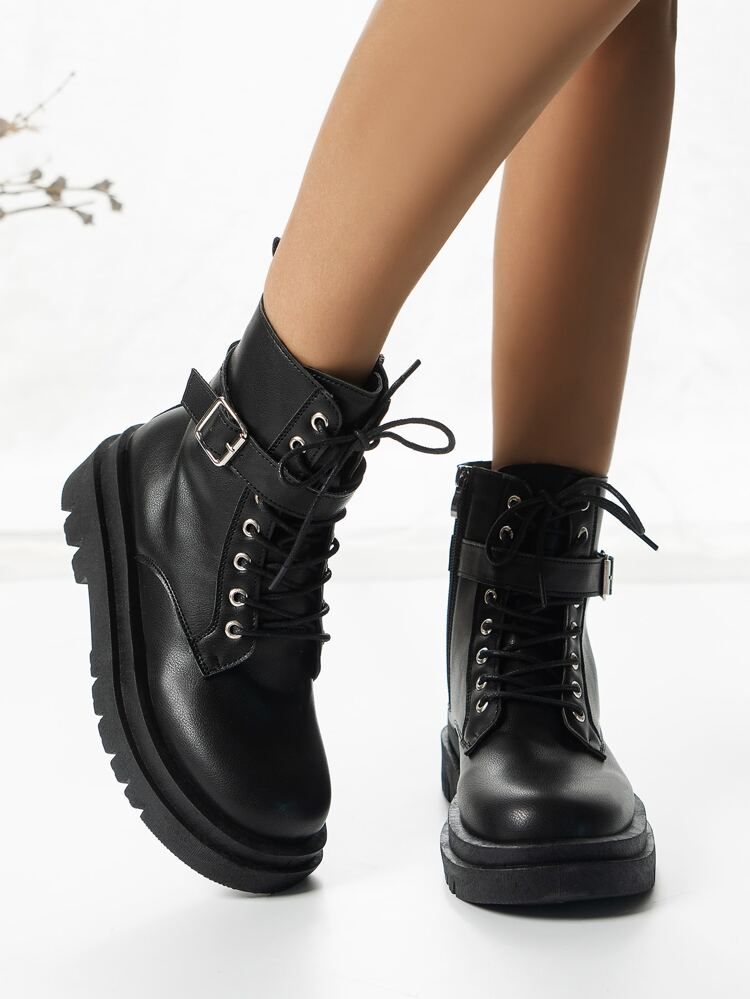 Buckle Decor Side Zip Lace-up Front Combat Boots | SHEIN