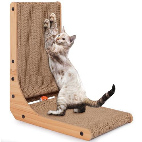 L Shape Cat Scratcher Pad, Cat Scratch Cardboard with Bell Toy for Indoor Cats Premium Reversible Scratch Board | Amazon (US)