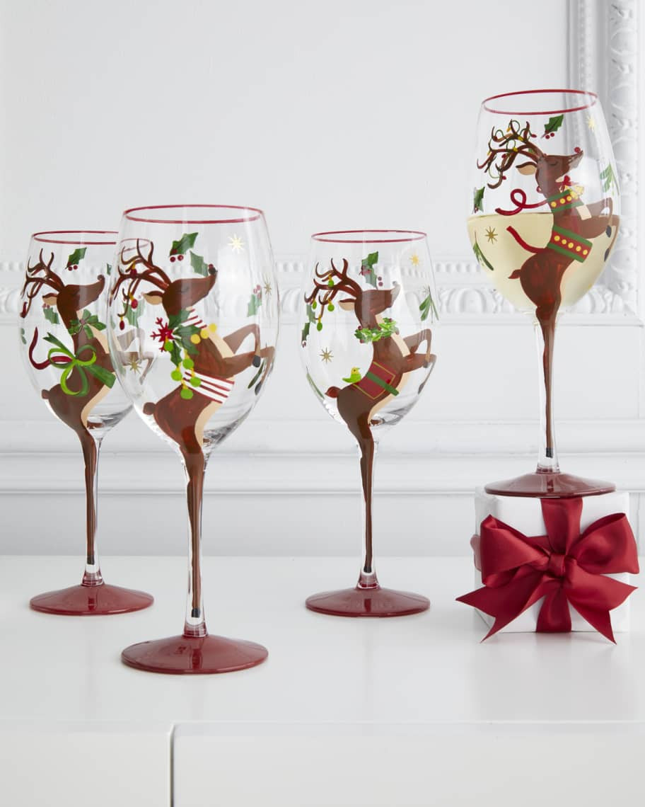 Neiman Marcus Hand-Painted Reindeer Wine Glasses, Set of 4 | Neiman Marcus