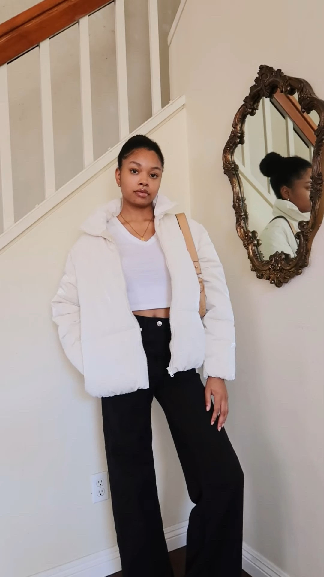 white puffer jacket, white crop top, v neck crop top, wide leg jeans, black jeans, black pants, high waisted jeans, high waisted pants, beige shoulder bag, snake skin bag, nike air force 1s, white sneakers

#LTKfindsunder100 #LTKVideo #LTKstyletip