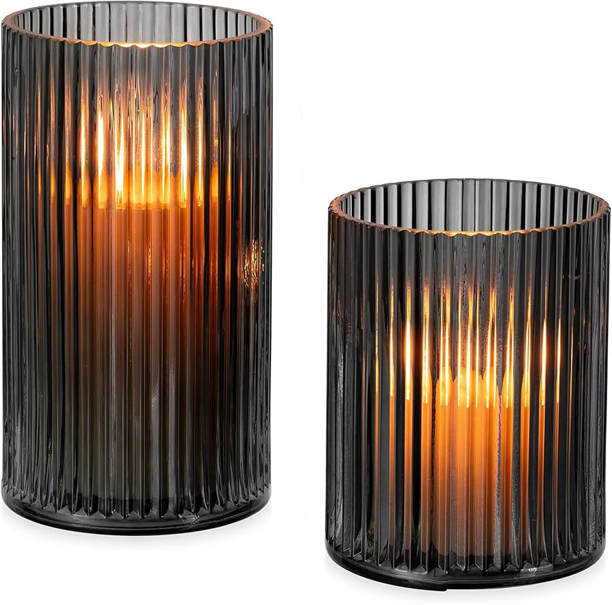 Glasseam Hurricane Glass Candle Holders: 2 Pcs Ribbed Cylinder Vases for Centerpieces Grey Pillar... | Amazon (US)