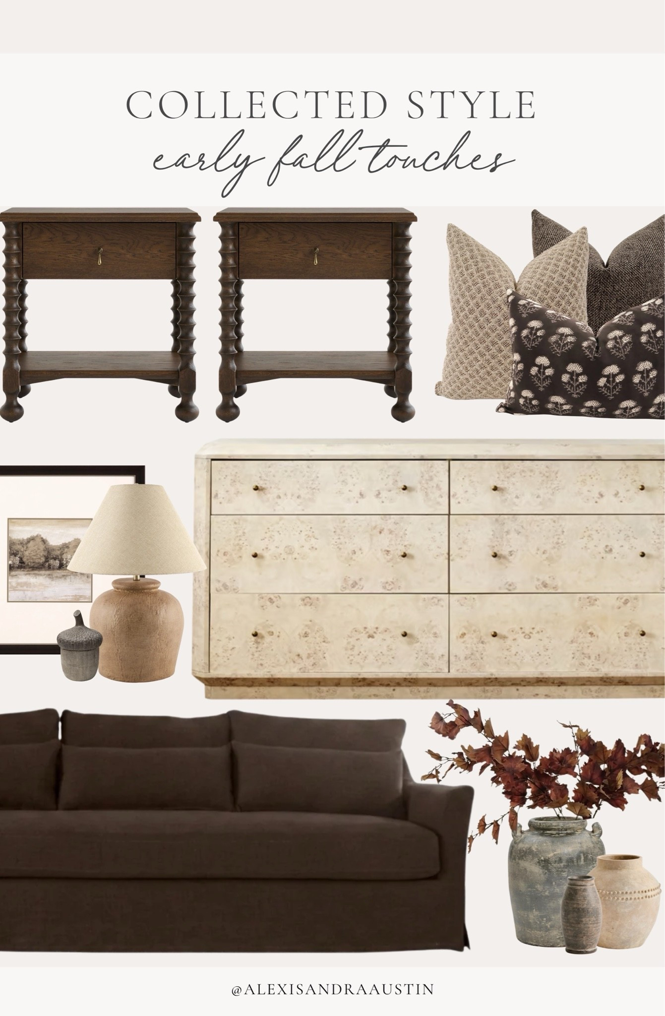Collected style details with early fall touches! I love staple items that look great year round or with seasonal touches for a cozy and timeless look.

Home finds, neutral home inspo, collected style, furniture favorites, nightstand details, dresser details, cozy upholstered sofa, cozy throw pillow, fall refresh, fall faux florals, moody table lamp, neutral fall decor, Wayfair, Pottery Barn style, McGee and Co, Hackner Home, Crate and Barrel, Afloral, shop the look!

#LTKSeasonal #LTKHome
