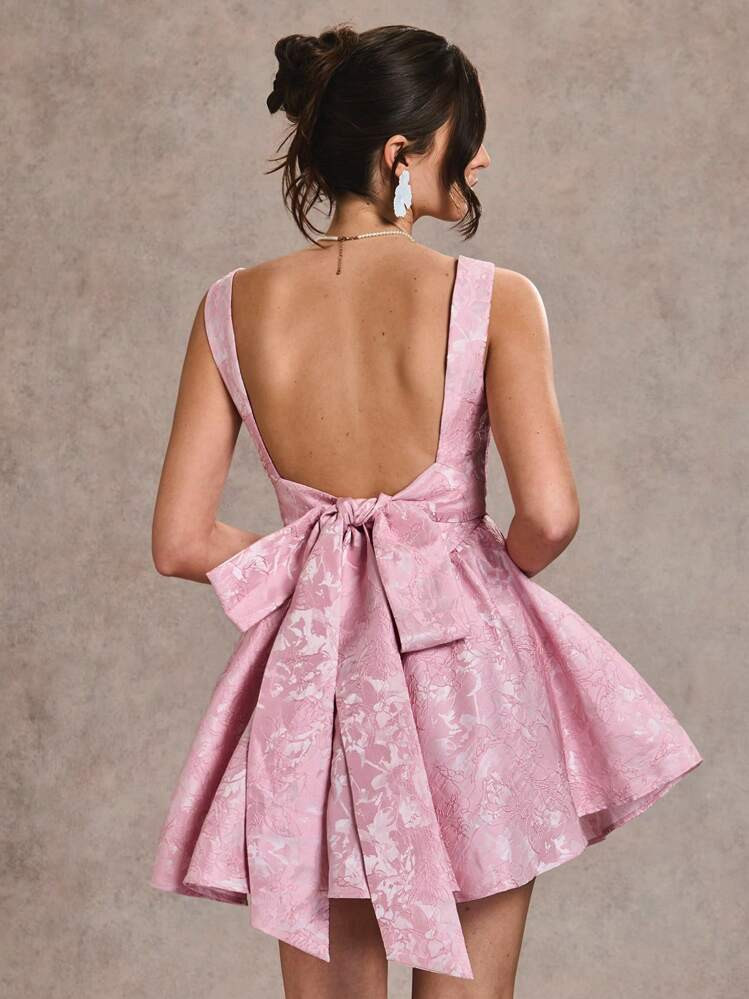 SHEIN BAE Women's Bow Decor Jacquard Open Back Pink Graduation Party Puffy Dress,Pastel Dresses For Women | SHEIN
