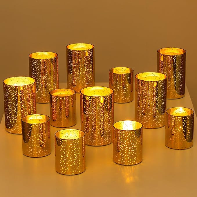 Glasseam Gold Hurricane Candle Holder: Mercury Glass Candle Holders Set of 12 Modern Pillar Candl... | Amazon (US)