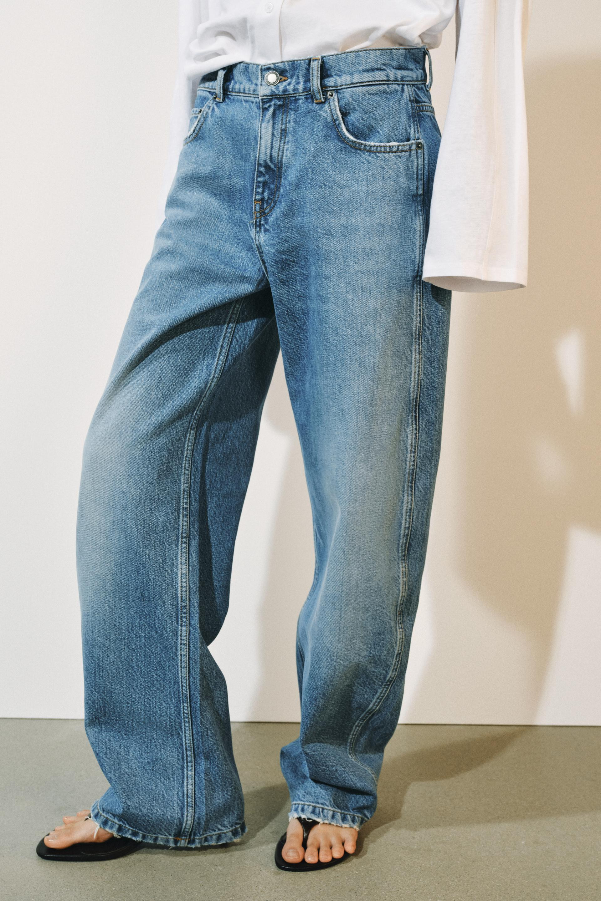 Zara - Zw Collection Curved Straight Low-Rise Jeans - Mid-Blue - 14 - Woman | Zara UK