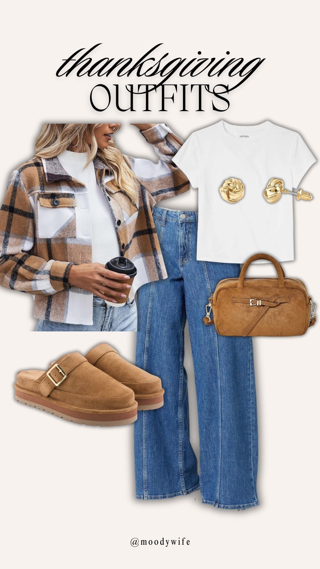 Thanksgiving plaid jacket with a basic white t shirt and wide legged denim jeans! I paired with brown clogs and a matching brown purse!

#LTKGiftGuide #LTKootd #LTKHoliday