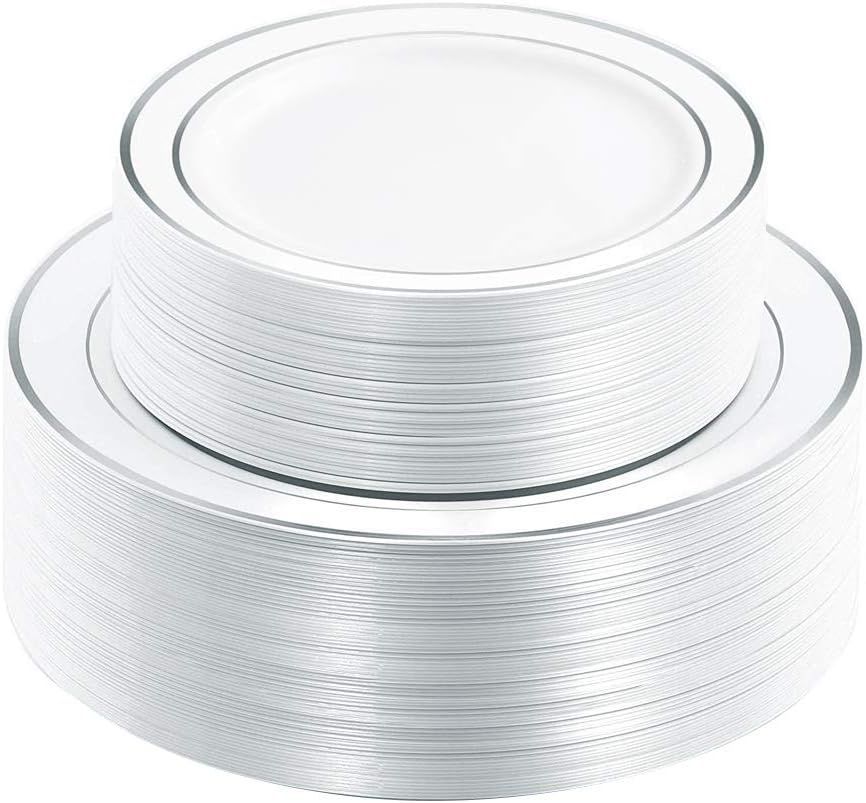 I00000 102pcs Silver Plastic Plates, Disposable Plastic Party Plates with White Silver Rim Heavy ... | Amazon (US)