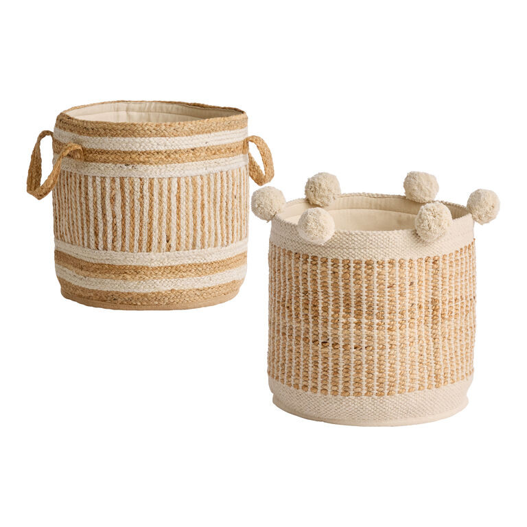 Nhidi Natural Jute and White Cotton Striped Basket | World Market