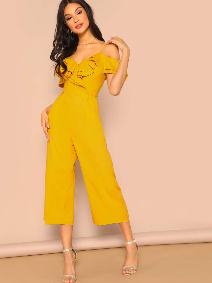 Cold Shoulder Layered Flounce Foldover Palazzo Jumpsuit | SHEIN
