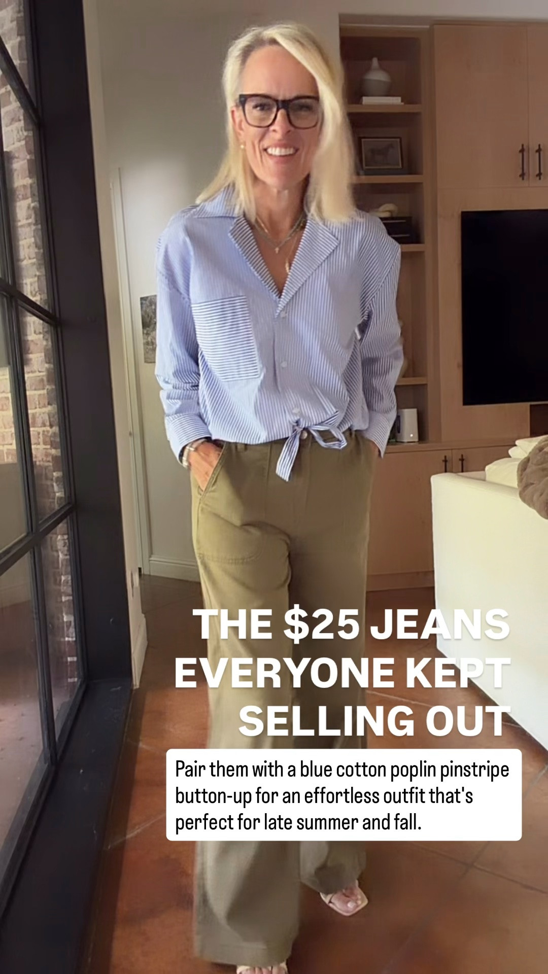 These army green jeans are finally back in stock after selling out, and they're easy to see why! They're just $25, come in three washes, and have the cutest front pocket detail. I paired them with a blue cotton poplin pinstripe button-up for a classic color combination that works from now through fall.

💡 LTK MADE EASY
❤️ Heart = Support my posts!
🔖 Save = Get sale & restock alerts
📋 Lists = Keep favorites organized
📲 Share = Send lists and products to a friend. Hello, Christmas List!
💬 Comment = Ask me anything about what I'm wearing. :-)

#LTKootd #LTKOver40 #LTKSaleAlert