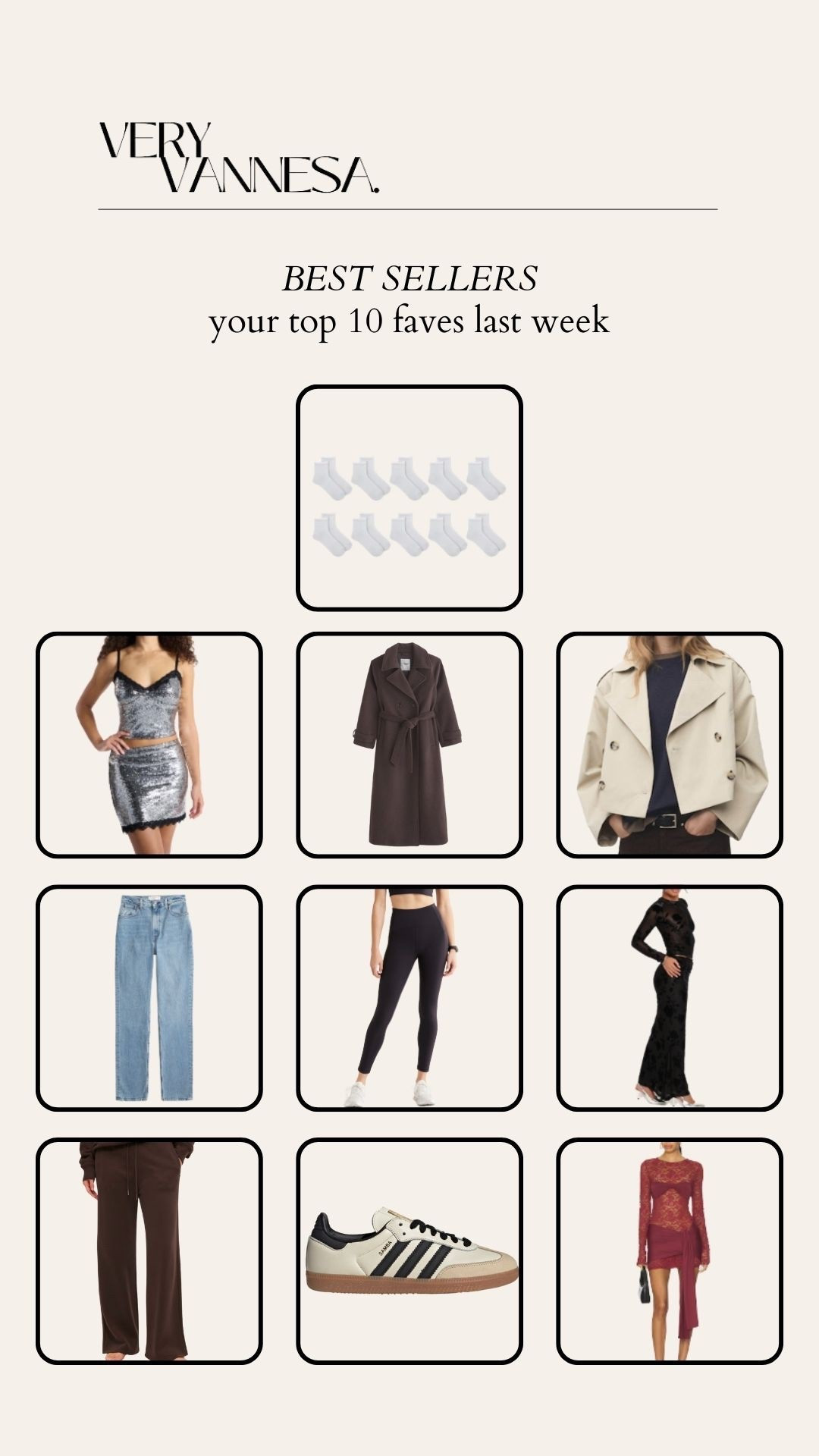 Your fave finds last week 
White socks 
Sequin skirt set 
Brown wool trench coat 
Cropped trench jacket 
Abercrombie Straight leg jeans 
Leggings 
Black mesh skirt set 
Brown sweatpants 
Adidas sambas 
Maroon mesh mini dresss

#LTKootd #LTKSaleAlert #LTKFindsUnder100