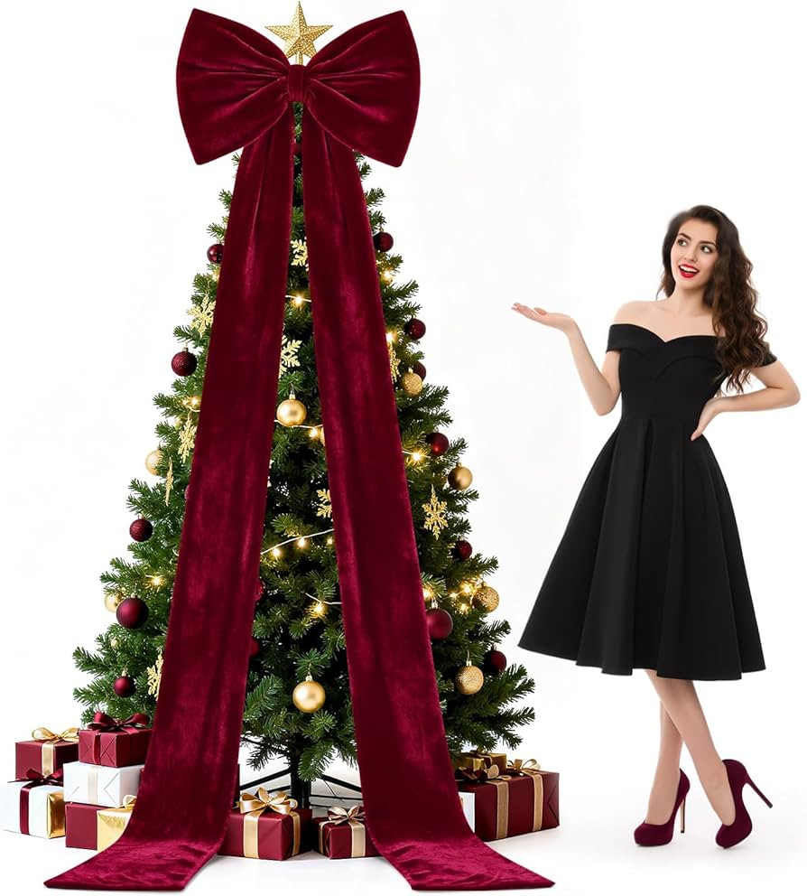 Extra Large Christmas Velvet Bow Tree Topper 118 x 28 Inch Giant Burgundy Bow with Long Ribbon Ov... | Amazon (US)