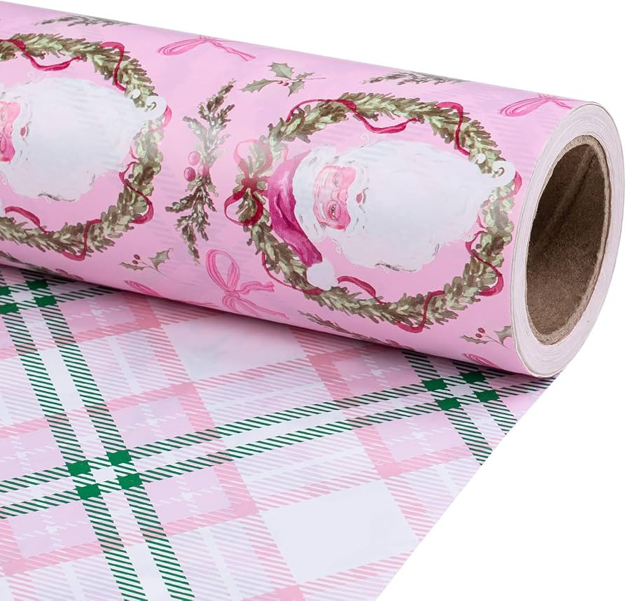 RUSPEPA Reversible Christmas Wrapping Paper Roll, Mini Roll, Pink Santa Claus, Floral Wreath, Bow... | Amazon (US)