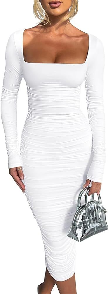 BEAGIMEG Women's Sexy Bodycon Long Sleeves Ruched Square Neck Party Club Midi Dress | Amazon (US)
